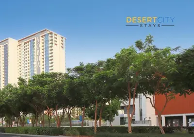 a row of trees in front of a building at Stylish and Sophisticated Home Near Downtown Dubai Hosted by Desert City Stays in Dubai