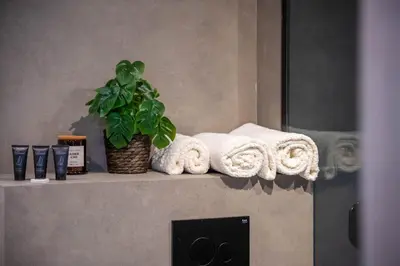 a plant sitting on top of a counter with towels at GuestReady - 1BR I Marina Walk - Canal View in Dubai