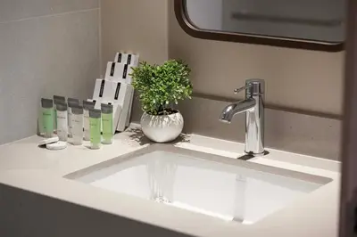 a bathroom sink with a plant in a vase on it at Iconic Living Contemporary 2BR at Vida Dubai Mall in Dubai