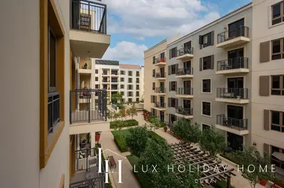 a view from the balcony of an apartment building at LUX The La Mer Beach Suite 5 in Dubai