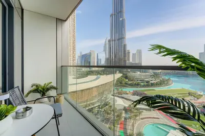 a balcony with a view of the city at Ultra-Luxury 2BR with Burj Khalifa view Downtown in Dubai