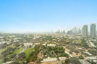 an aerial view of a city with tall buildings at Silkhaus 2BDR Heart of DIFC in Sky Gardens in Dubai