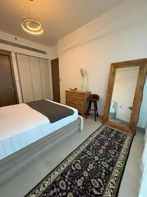 a bedroom with a bed and a mirror and a rug at Bluebell reidence jvc in Dubai