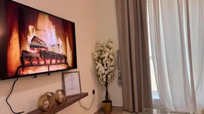 a tv on a wall with a vase of flowers at Miraclema Stays Al Barsha 1 in Dubai