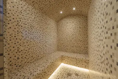 a bathroom with a shower with a tiled wall at Luxury 2BR with Private Pool Balcony Arjan in Dubai
