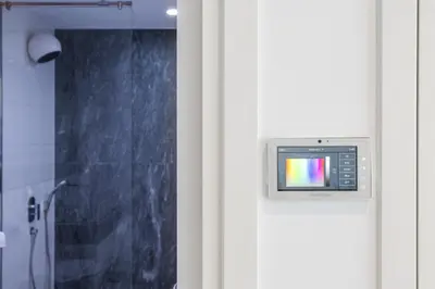 a door with a television on it in a bathroom at Stylish Apartment Business Bay Prime Location in Dubai