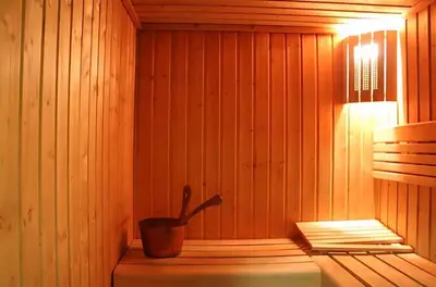 a wooden sauna with a potted plant in it at FiveX Luxury 2BR at Lake Point JLT in Dubai