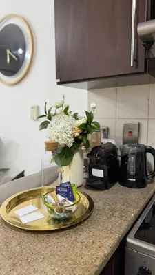 a kitchen counter with a vase of flowers on a tray at Huge Studio DMCC Metro Close to Marina in Dubai