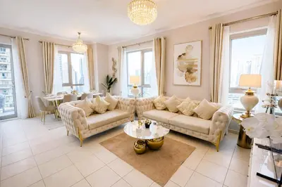 a living room with couches and a table at Elite Royal Apartment - Sky Series - Highest Apartment Floor - Full Burj Khalifa & New Fountain View - Eternal in Dubai