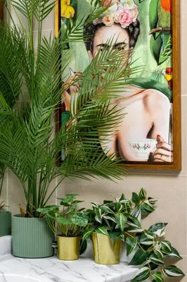a picture of a woman on a wall with plants at Waves - Nature-Inspired Studio - JLT Skyline Living in Dubai