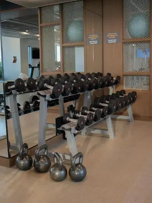 a row of dumbbells in a gym at Marina Beachfront Oasis Infinity Pool & Modern Comfort in Dubai
