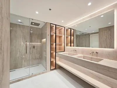 a bathroom with two sinks and a shower at Marina Residence 5, Palm Jumeirah - Mint Stay in Dubai