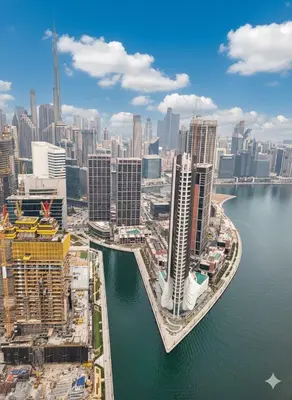 an aerial view of a city with buildings and water at Luxury 2BR with Maid Burj Khalifa and Canal View in Dubai