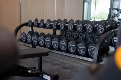a rack of dumbbells in a gym at Warm-Toned Studio with City Views in Binghatti Azure in Dubai