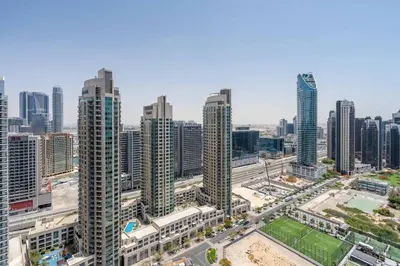 an aerial view of a city with tall buildings at Iconic Burj Views l Elegant 2BR at Burj Royale in Dubai