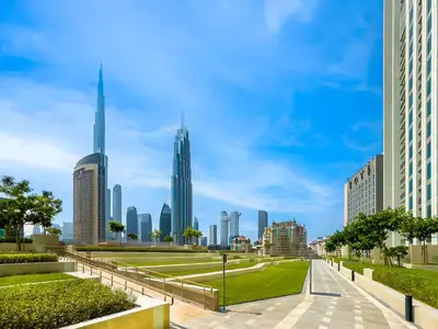 a view of a city skyline with tall buildings at BAZ HOMES - Burj Khalifa View 2BR Connected to Dubai Mall in Dubai