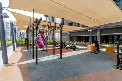 an empty playground in a building with a building at GuestReady - 1BR l Burj Khalifa & Canal Views in Dubai