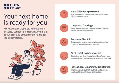a brochure of a woman sitting in a chair with a plant at GuestReady - 1BR l Burj Khalifa & Canal Views in Dubai