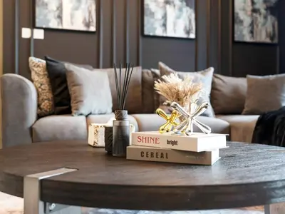 a coffee table in a living room with a couch at Famous Sky Pool - Paramount Midtown - Dubai Skyline Views in Dubai