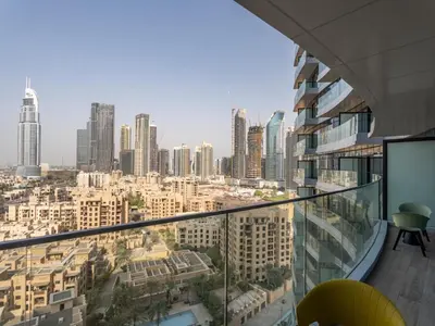 a view of a city from a building at Urban Compact 2BKH Sleeps 4 Full Burj Khalifa View in Dubai