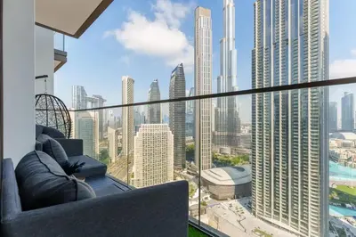 a balcony with a view of a city skyline at 3Min to Dubai mall and Burj Khalifa, Luxury 1B and Amenities in Dubai