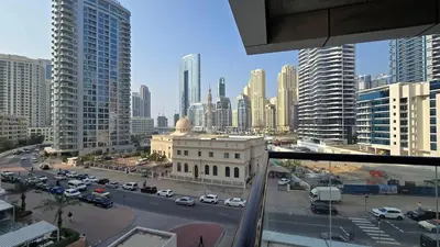 a view of a city street with cars and buildings at Luxury 2BHK in Dubai Marina Escan 402 in Dubai