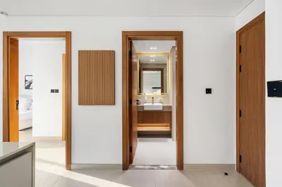 a bathroom with a sink and a mirror at New! Lovely 1BR with Balcony & Pool in Binghatti Orchid in Dubai