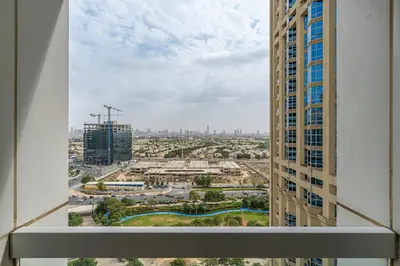 a view of a city from a window in a building at Stylish JLT Studio in Dubai