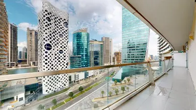 a balcony with a view of a city skyline at Vacationer l Premium 2 Bedroom l Business Bay l Prime Location in Dubai