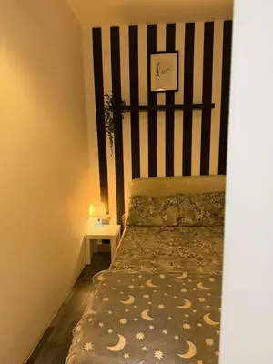 a bedroom with a bed with a black and white striped headboard at Royal Budget Stay Dubai In Tecom Near Metro in Dubai