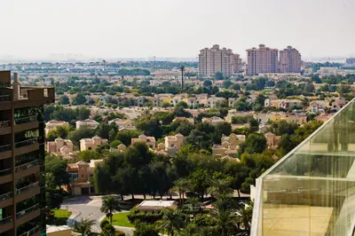 a view of a city from a building at Settler Homes - Premium Matrix Tower with Hot Tub in Dubai