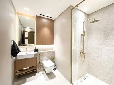 a bathroom with a shower and a toilet and a sink at Modern Studio with Private Jacuzzi in Dubai