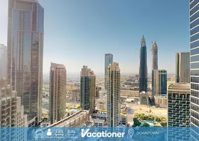 a view of a city with tall buildings at Vacationer l Elegant 2 Bed l near Burj Khalifa l Address Opera in Dubai