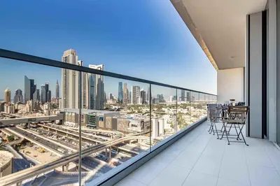 a balcony with a view of a city skyline at Frank Porter - Vida Dubai Mall in Dubai