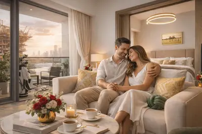 a bride and groom sitting on a couch in a hotel room at KeyRock Living - Luxury Apartment with Pool & Gym in Dubai
