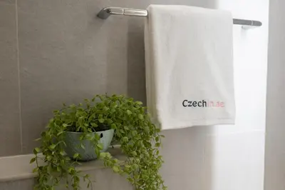 a green plant sitting on a bathroom counter next to a towel at Luxury Studio at Marina Star - Near JBR - Marina in Dubai