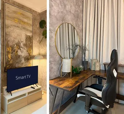 a room with a desk with a mirror and a chair at Studio in Dubai Marina near by Beach & Metro Z1409 in Dubai