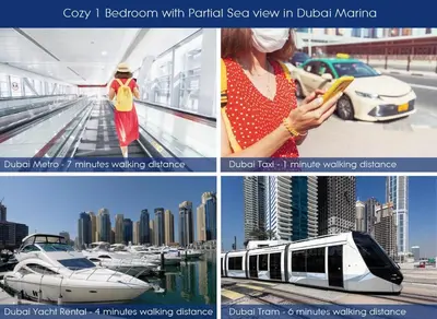 a collage of pictures of cars and a woman looking at a cell phone at OneBedroom Apartment with Partial Sea view in Dubai Marina - Z1106 in Dubai