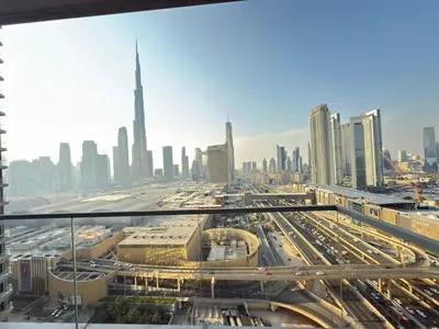 a view of the dubai city from a skyscraper at Luxurious 2 Bedroom Apt in VDM Residences - Full Burj Khalifa View in Dubai