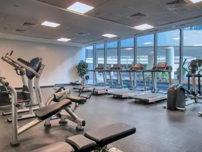 a gym with a lot of treadmills and machines at Elegant Studio, Marina access, Queen & Sofabed in Dubai