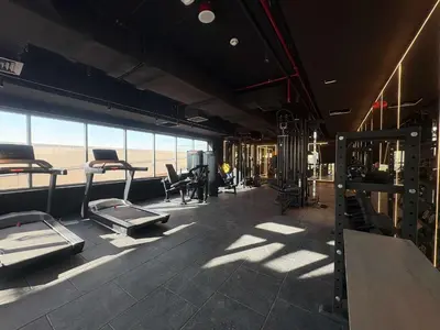 a gym with treadmills and exercising equipment on an airplane at Frank Porter - Adhara Star in Dubai