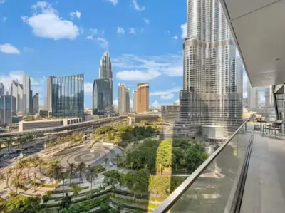 a view of a city skyline with tall buildings at Vogue Downtown Address Residence near Burj Khalifa and Dubai Mall, Two Bedroom Apartment with Balcony and Burj Khalifa view, Access to all Amenities in Dubai
