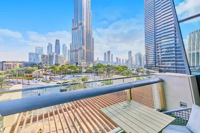 a balcony with a view of a city skyline at Burj Khalifa View Apartments, Burj Vista Tower - Downtown in Dubai