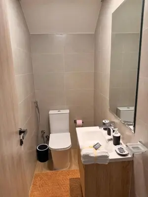 a bathroom with a toilet and a sink and a mirror at Quiet Villa 3 Br in Dubai