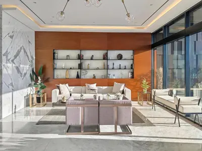 a rendering of a living room with a couch and a table at Elegant 1BR with Pool Gym & Burj Khalifa Views in Dubai