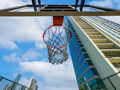 a basketball hoop in front of a building at Downtown Dubai 1BR Apartment I Balcony I Dubai Mall Access in Dubai