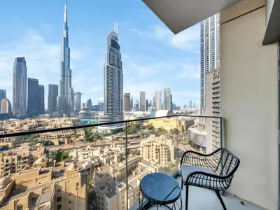 a balcony with a view of a city at Burj Royale Collection by The Luxe Manor - Downtown Dubai in Dubai