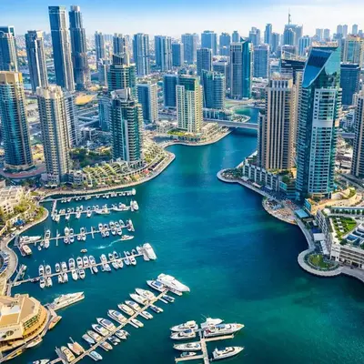 an aerial view of the city of dubai marina at Penthouse with panoramic water-view Ultra-luxury in Dubai
