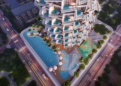 an aerial view of a hotel with a pool at Iconic Binghatti Royale! Private Pool in Your Balcony! 5 Star Amenities! in Dubai