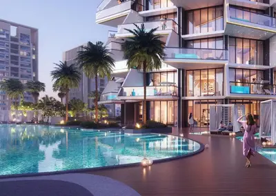 a rendering of a building with a swimming pool at Iconic Binghatti Royale! Private Pool in Your Balcony! 5 Star Amenities! in Dubai